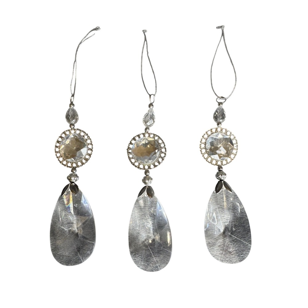 Set of 3 Crystal Teardrop Ornaments Silver Filigree Faceted Clear Holiday Decor